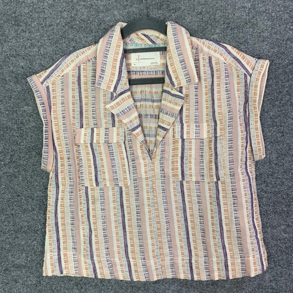 By Anthropologie Cropped Utility Pullover Top Striped Tan Purple Pink Size XS - Picture 2 of 9